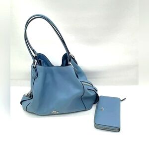 LOT 2 Coach Designer Lite Blue Leather Edie 31 Tote Purse Bag w/ Matching Wallet